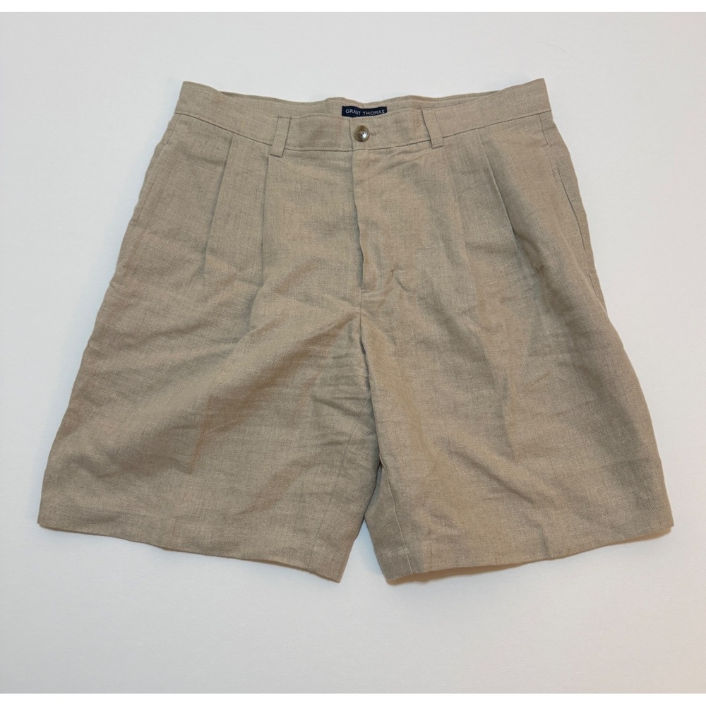 Grant Thomas Pure Linen Pleated Shorts Mens 34 Tan Khaki Casual Summer Dressy